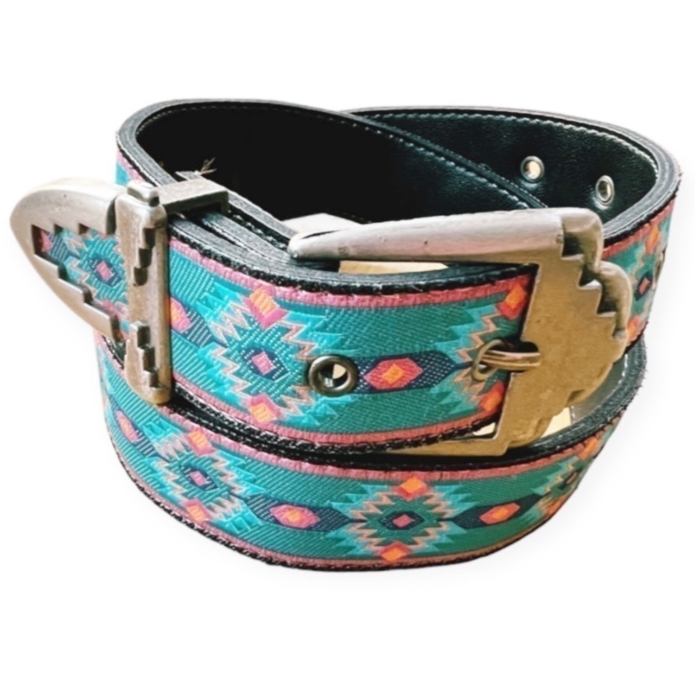 Vintage Nuovo Southwest Teal Pink Aztec Belt 6